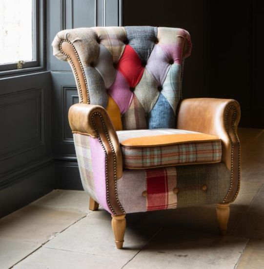 Dickinson Armchair in Patchwork & Cerato Brown Leather 