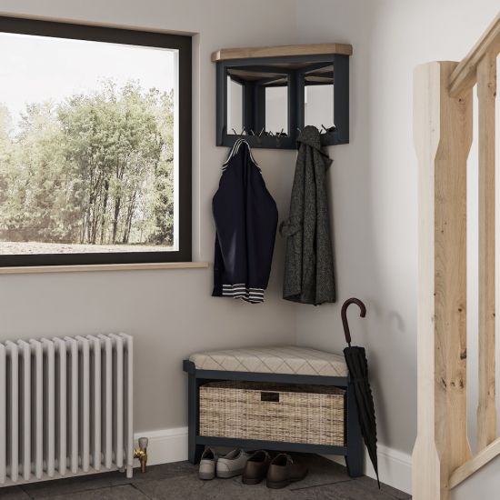 Chatsworth Oak in Royal Blue Corner Hall Bench Top with Mirror and Coat Hooks, TOP ONLY