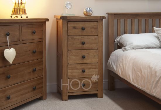 Rustic Solid Oak 5 Drawer Narrow Chest