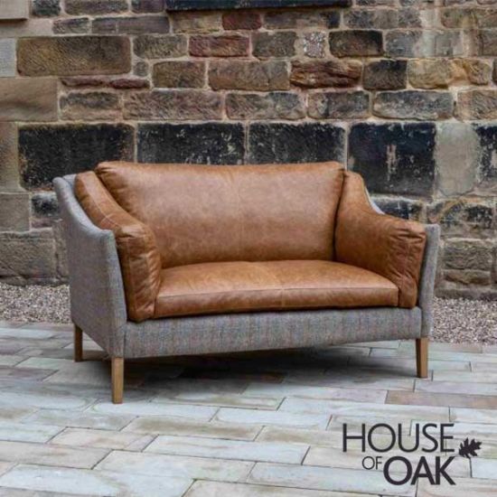 Malone Compact 2 Seater Sofa in Brown Tan Leather and Hunting Lodge Harris Tweed