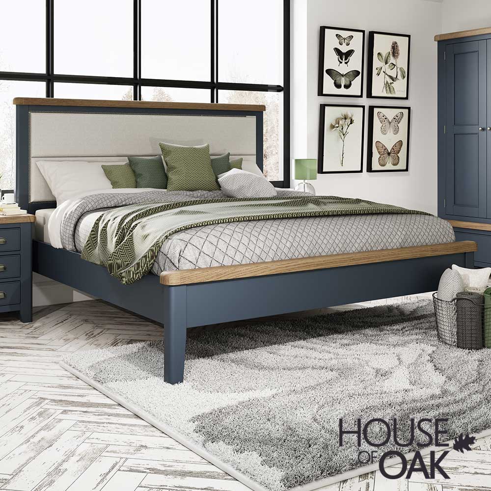 Chatsworth Oak in Royal Blue Super King Size Bed With Fabric Headboard and Low Footend